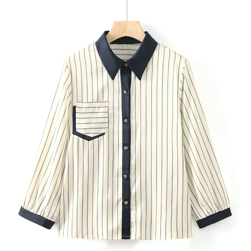 

Атласные рубашки женские, новинка 2024, летняя блузка с длинными рукавами, мягкие и удобные полосатые рубашки с воротником с лацканами и карманами, корейские модные свободные топы