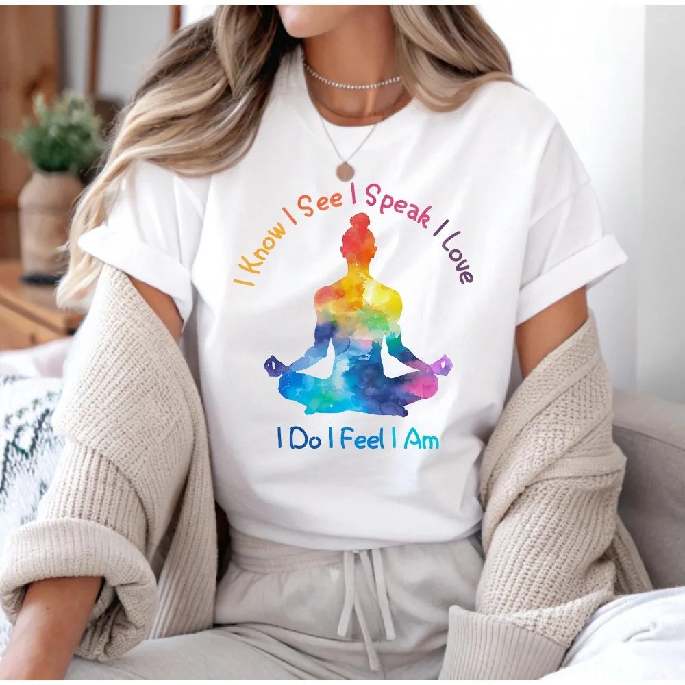 7 Chakras Watercolor Yoga T-Shirt Meditation Zen Lotus Top I Know Meditation Spiritual Watercolor Print Short Sleeve Casual Tee