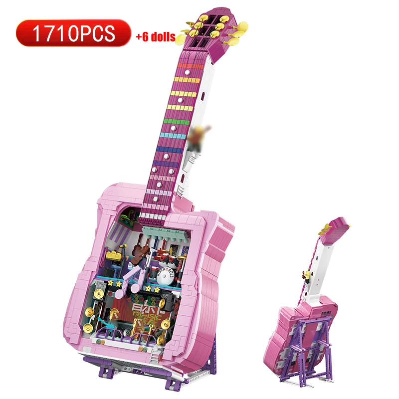 

Mini Creative Pink Guitar Assembling Blocks Bricks Singing Band DIY Puzzle Building Model Toy Friends Children Birthday Present