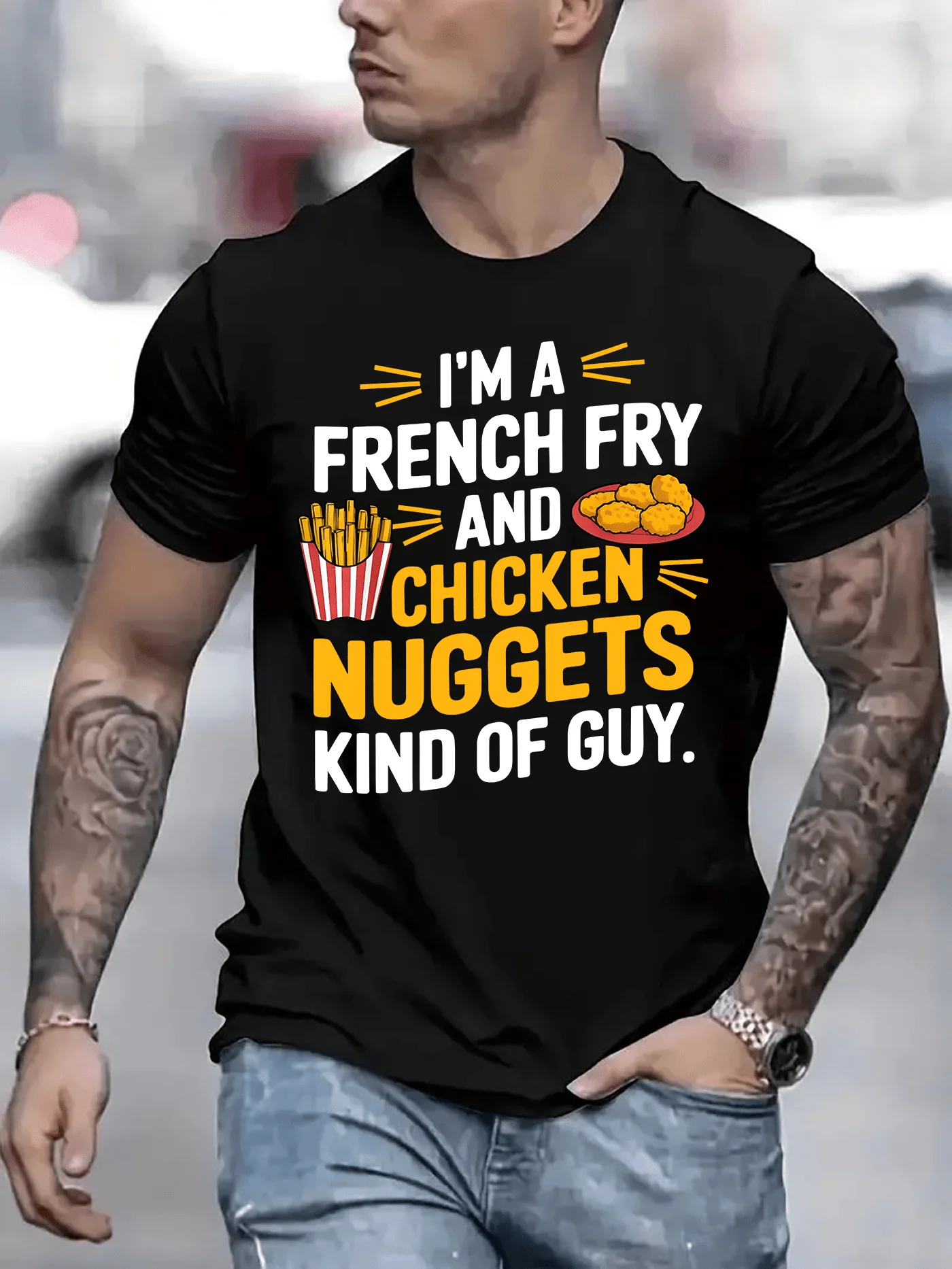 

I Am A French Fry and Chicken Nuggets Kind of Guy Graphic Print T-Shirt for Men Casual Short Sleeve Tee Men Clothing