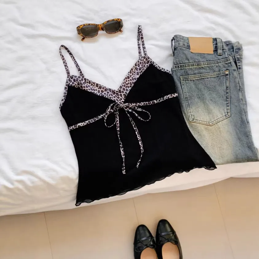 Sleepwear Camisole Leopard Print V Neck Tank Top Slim Fit Tie Front Sleeveless Top Cropped Vest Black Red Spaghetti Straps 3