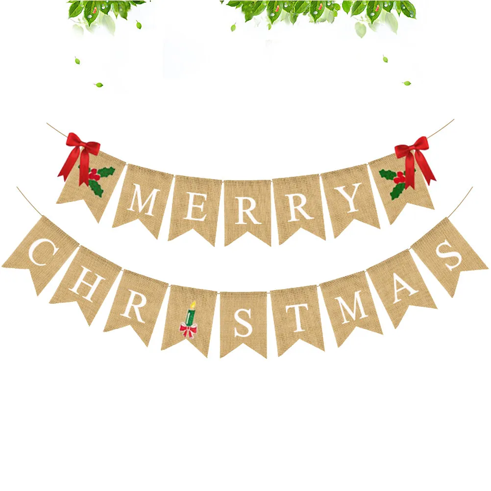 Retro Christmas Swallowtail Linen Banner Bunting Garland Dovetail Shape Printed Letter Bowknot Design for Party Decoration