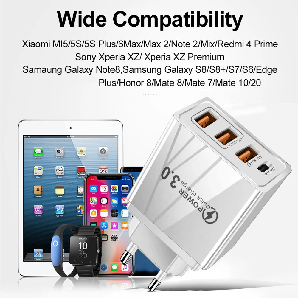 

48W Multi-port Charger 3 USB 1PD Fast Charging Head US/UK/EU Regulations Mobile Phone Charger Accessories for iPhone Samsung
