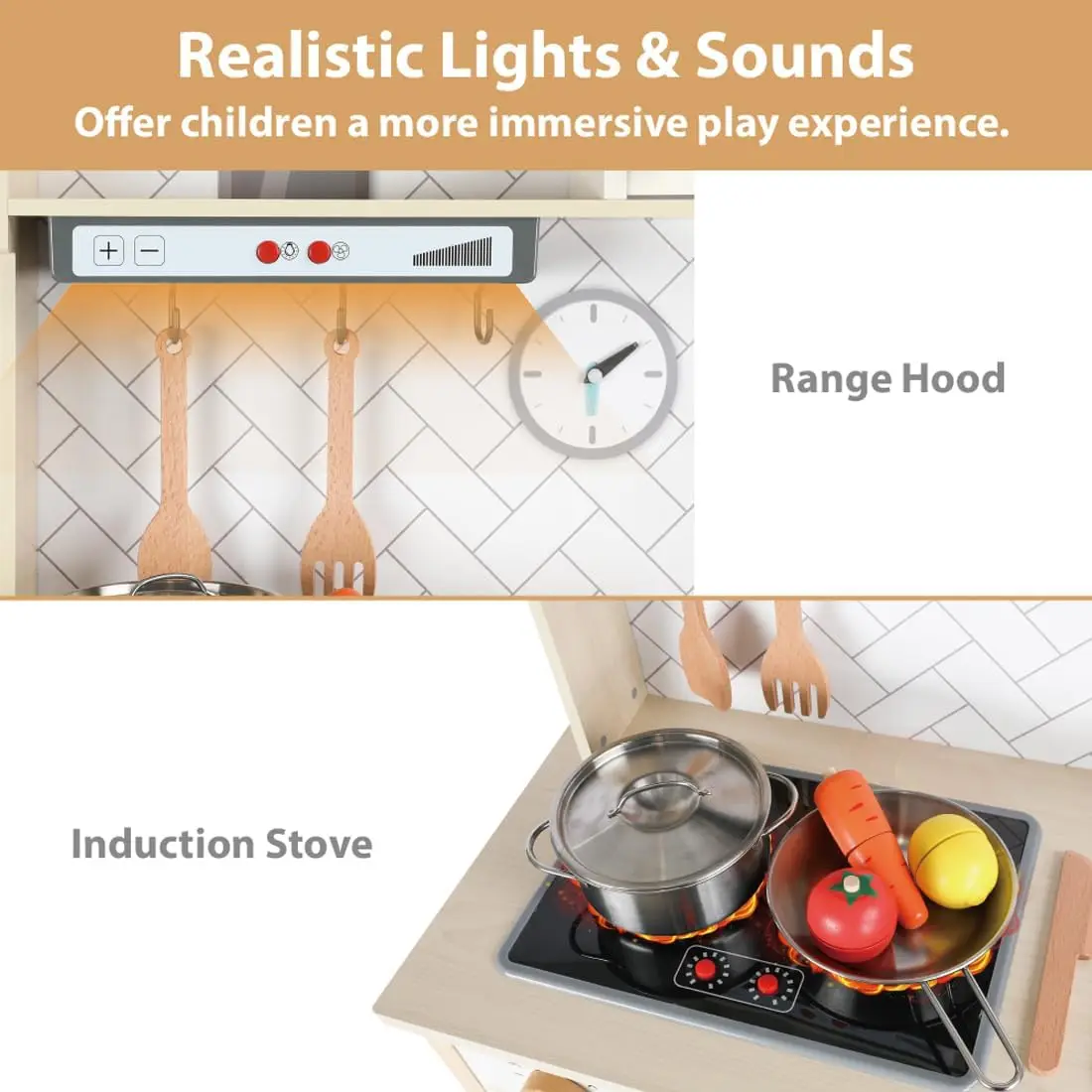 Ensemble de jeu de cuisine en bois pour enfants, cuisinière réaliste, hotte de cuisine, four, machine à glaçons, micro-ondes, évier, lumière & S