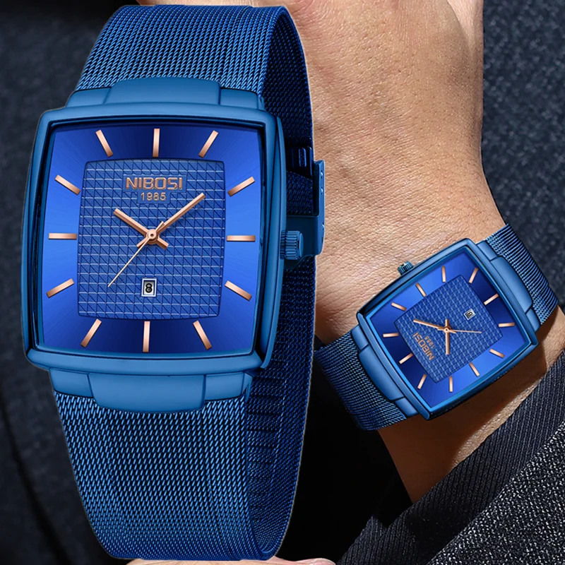 

NIBOSI Роскошные часы мужские квадратные сетчатые стальные водонепроницаемые часы со светящейся датой кварцевые наручные часы мужские часы Relogio Masculino