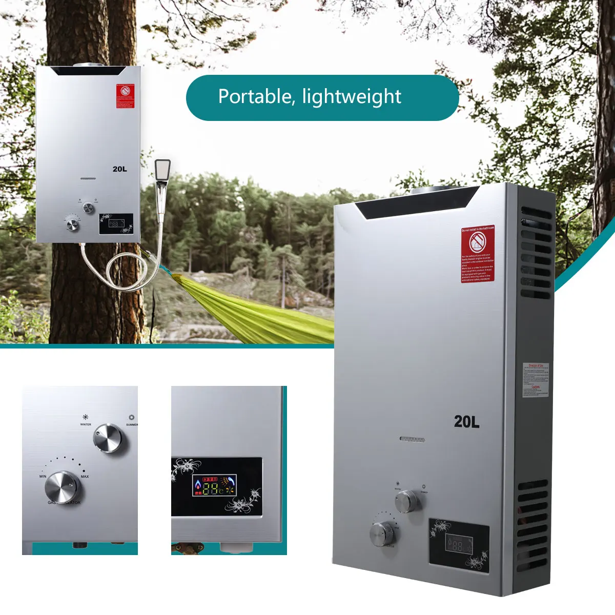 Image of 20L Tragbarer Propangas-Durchlauferhitzer 40KW, LPG Sofort-Gaswarmwasser-Dusche mit Regenduschkopf, Batterie-Zündung Ohne Strombedarf – Silber Gebürstet Neues Modell