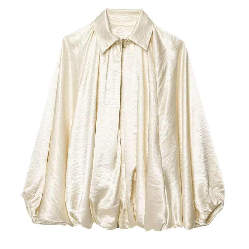 سترة نسائية منفوخة من HXAO بطيات كبيرة الحجم سترات نسائية منتفخة مقصوصة سترة صيفية ملابس خارجية بسحاب وأكمام طويلة سترة خضراء #4