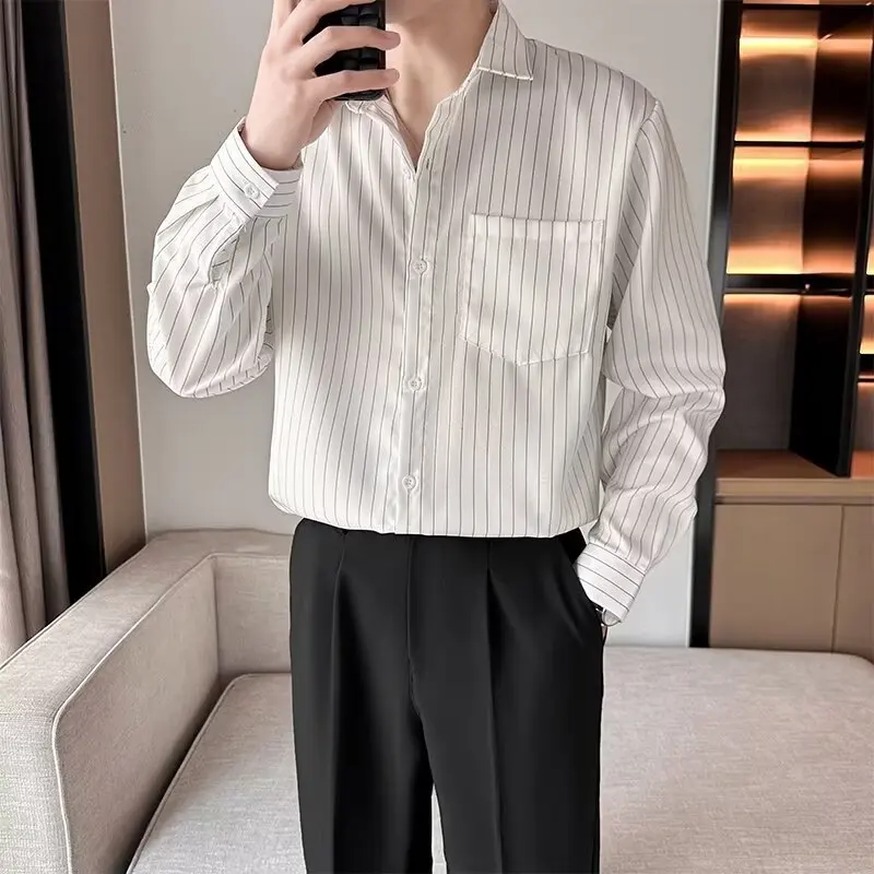 Spring and Summer Striped Shirt Men's Long-sleeved Ins Hong Kong Style Japanese Trendy Brand Handsome Loose Retro Korean Top