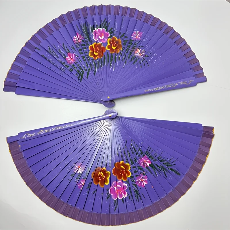 12PCS Purple Wooden Folding Fan, Double-Side Hand-Painted Floral Pattern, Japanese Chinese Style Spanish Foldable Hand Fan