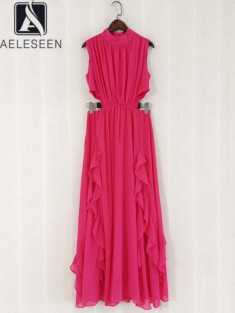 

AELESEEN Designer Fashion Women Summer Long Dress Sleeveless Rose Red Green Solid Ruffles Waist Expose Casual Holiday Vacation