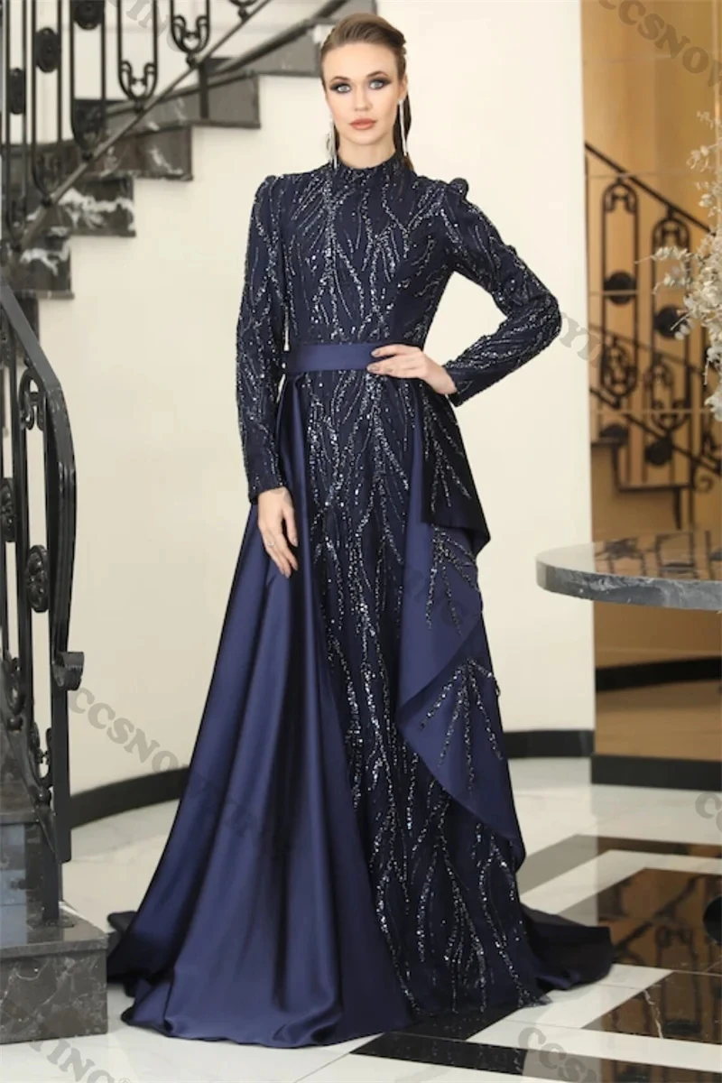 

Navy Blue Appliques Beaded Muslim Evening Dresses Islamic Satin Long Sleeve Hijab Formal Party Gown Arabic Dubai Robes De Soirée