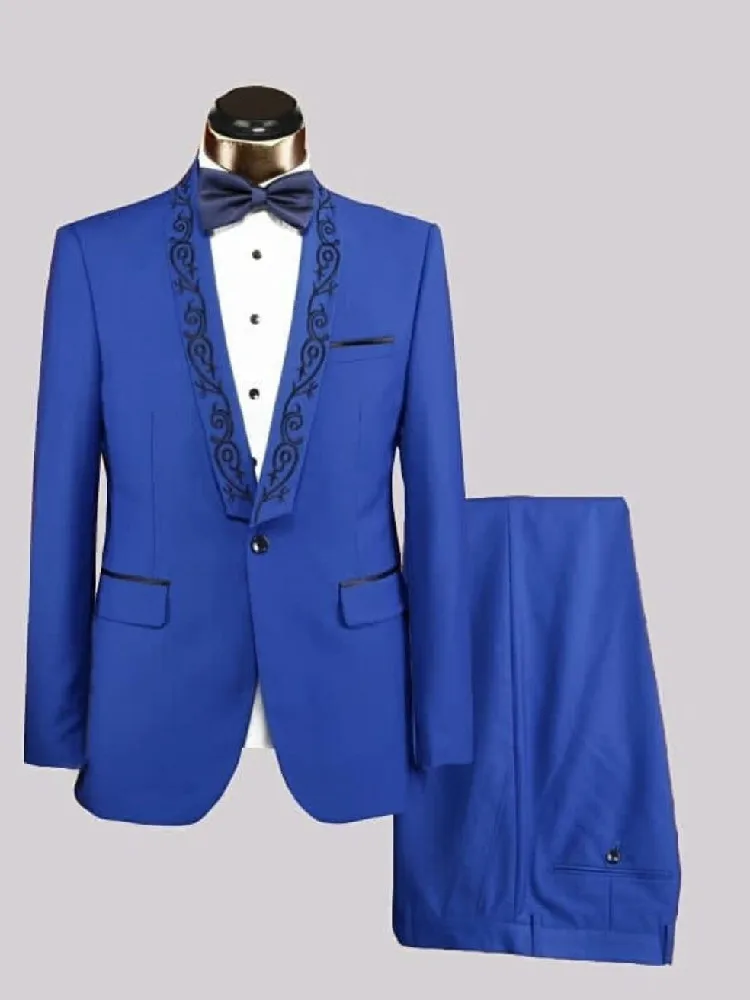 Blue New Arrival Men Suit Cuatom Made 2 Pieces Blazer Pants One Button Jacquard Lapel Wedding Groom Causal Prom Tailored