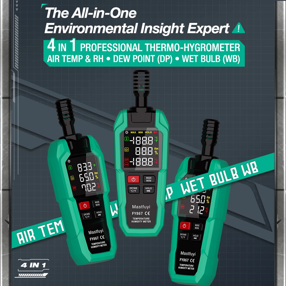 Измеритель температуры и влажности MASTFUYI, цифровой психометр с усовершенствованным датчиком, удержанием данных, точкой росы и влажной лампочкой для домашнего использования