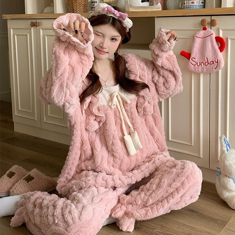 

Thick Coral Fleece Pajamas Women's Winter Home Clothes Set Sweet Cute Long Sleeve Long Pants Flannel Sleepwear Ensemble