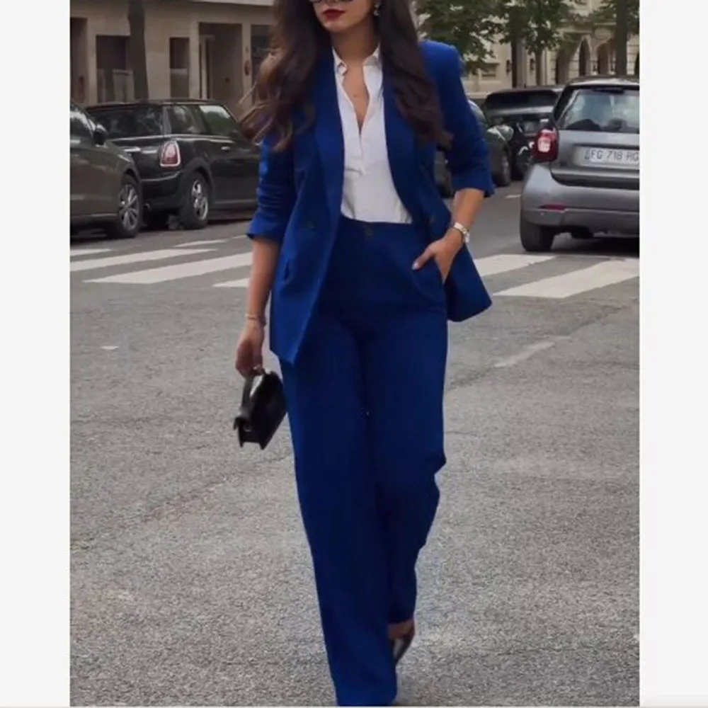

Fashion Women's Summer Suit Sets 2 Piece Slim Double Breasted Peak Lapel Jacket Pants Sets Smart Fit Office Lady Female Clothing