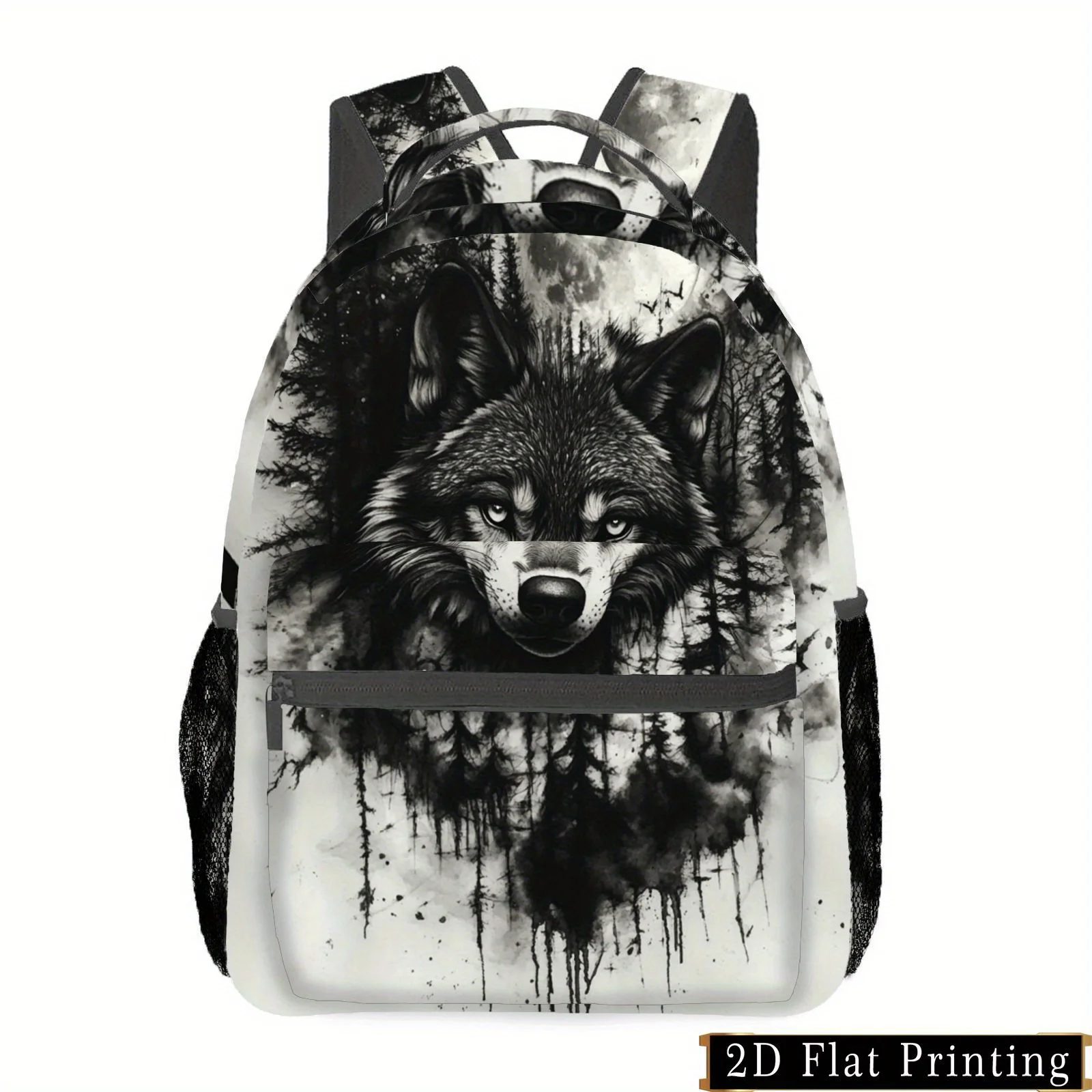 Wolf Head Backpack Black White Wolf Graphic with Forest Background Heavy-Duty Zipper Closure Adjustable Shoulder