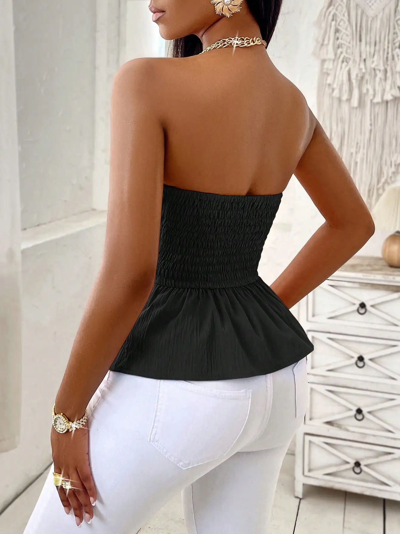 قميص نسائي أسود بدون حمالات بدون أكتاف، أزياء صيفية أنيقة ومتعددة الاستخدامات يجب اقتناؤها