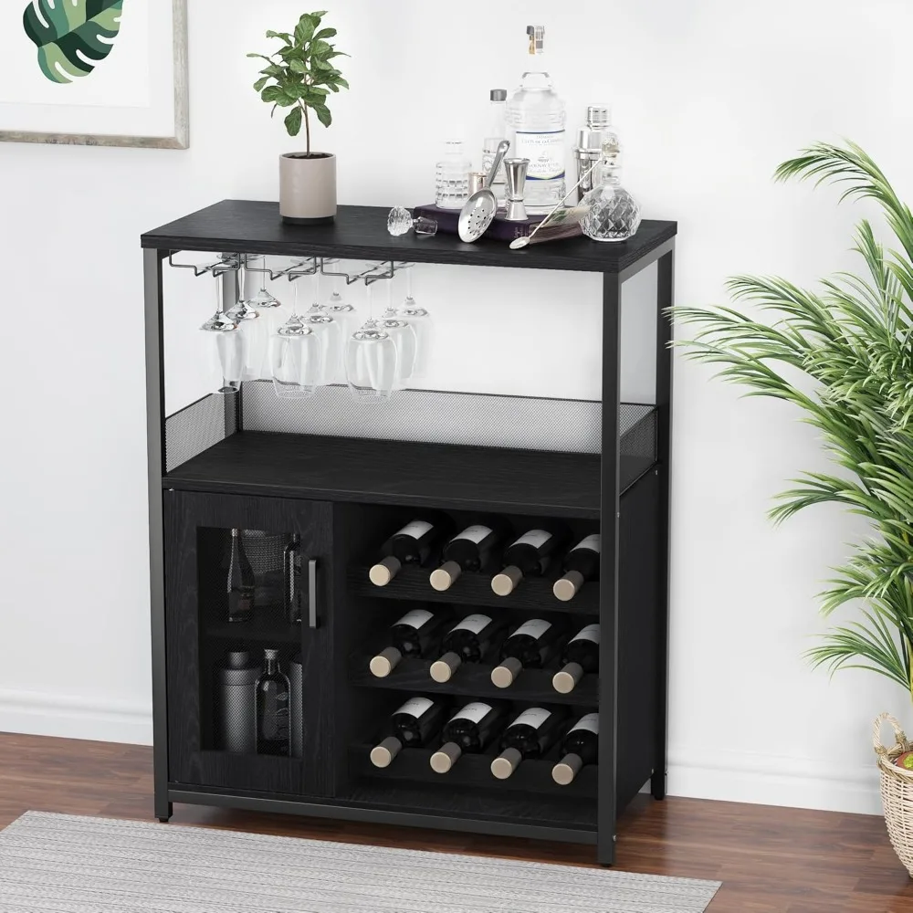 

3-Tier Wine Bar Cabinet with Detachable Wine Rack and Storage Space, Buffet Cabinet with Glass Holder and Mesh Door, for Kitche