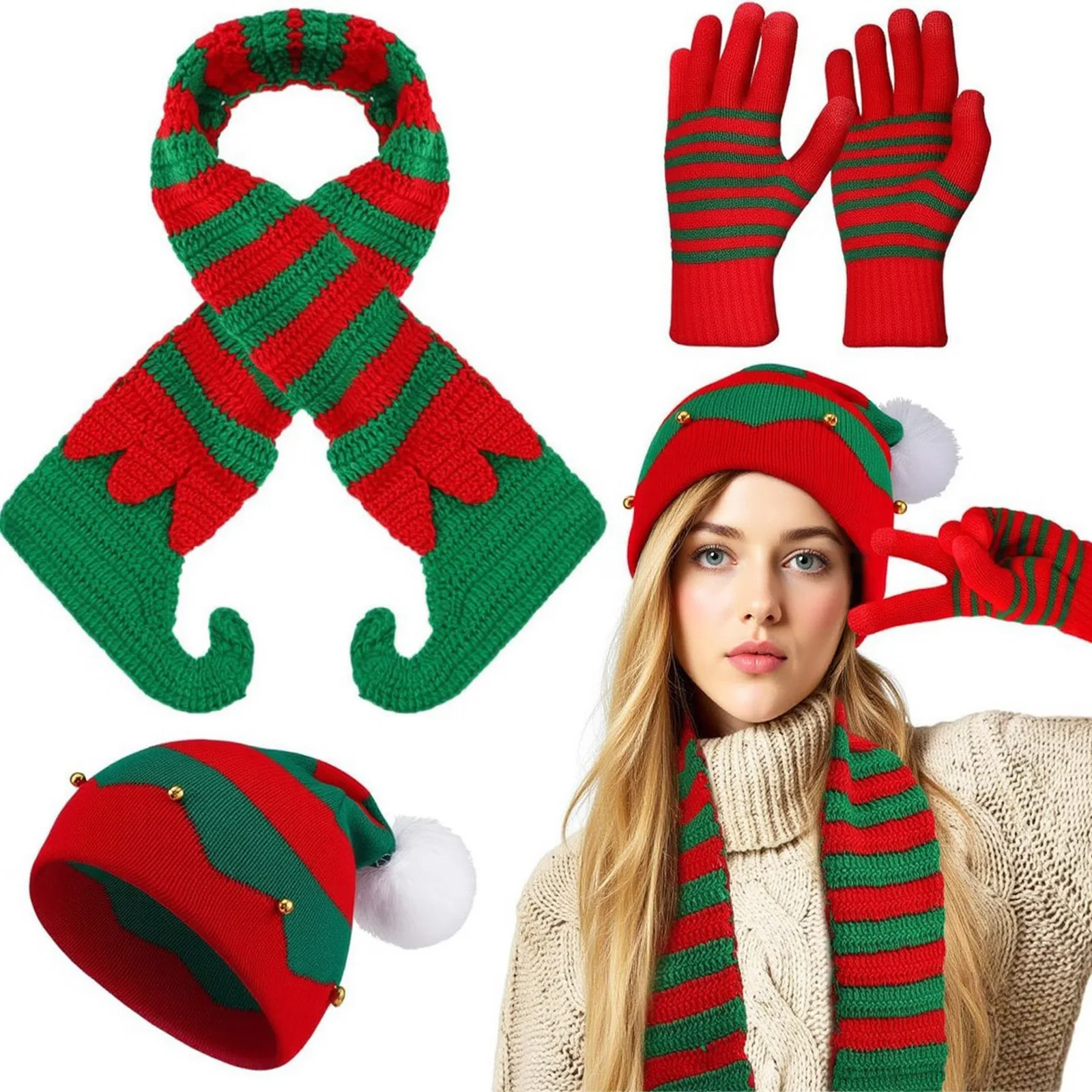 Ensemble chapeau et écharpe tricotés de noël unisexe pour adultes, avec ou sans gants, bonnet chaud, bonnets de noël tricotés à pompon