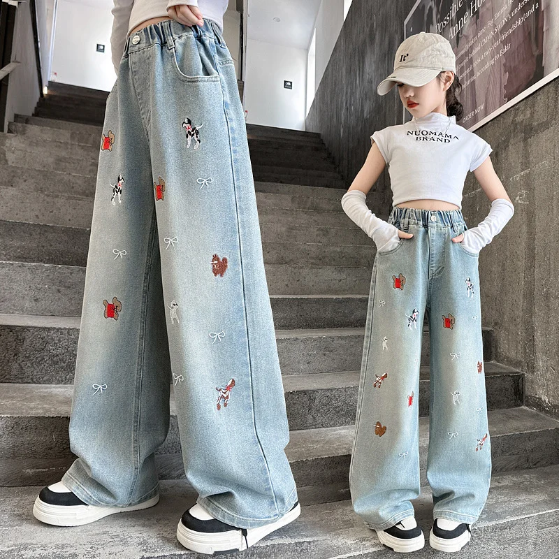

Autumn Girls' Jeans Cartoon Embroidered Children Denim Pants New Kids Loose Straight-leg Trousers Teenager Spring Clothing 4-14Y