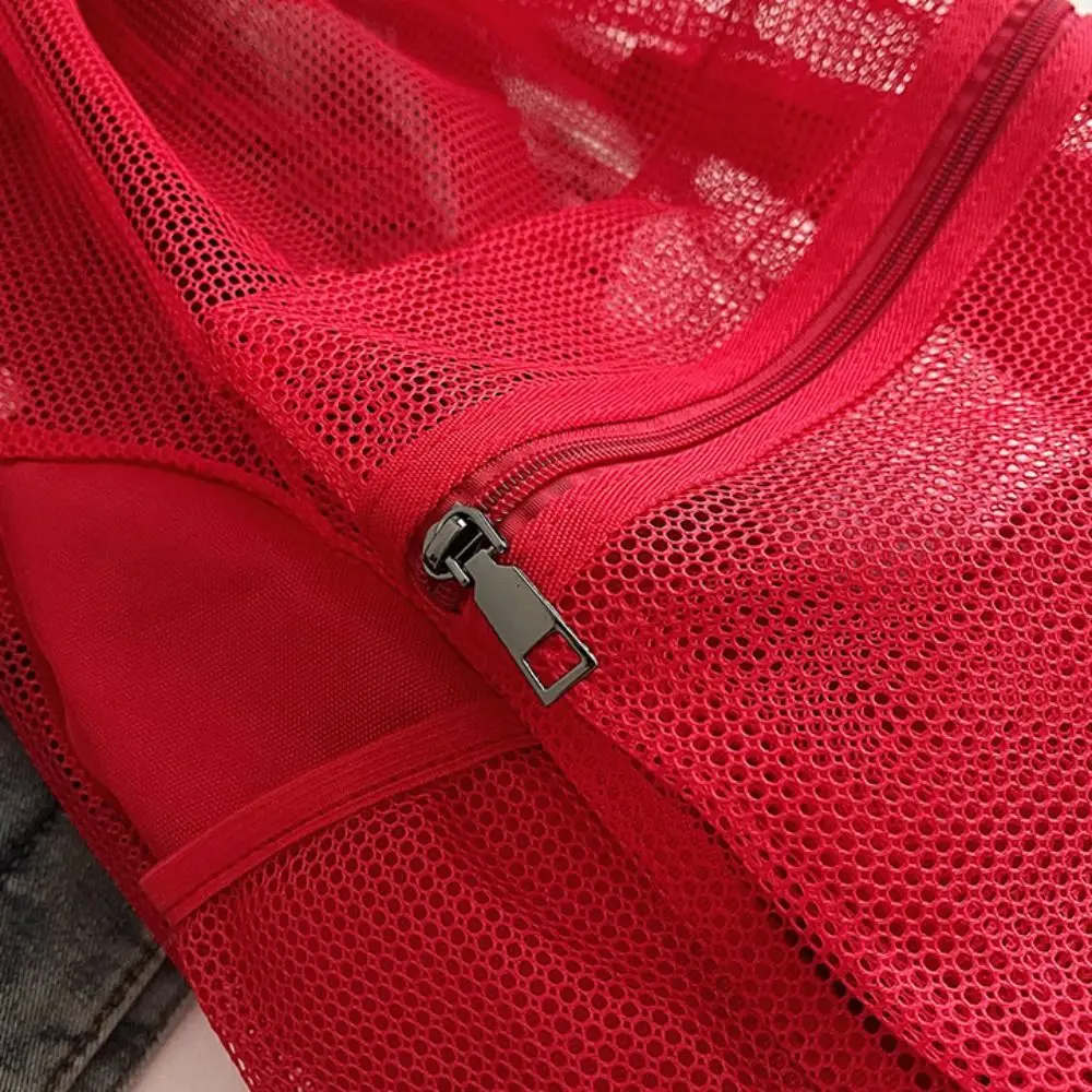 Sweet Korean Style Drawstring Backpack Hollow Portable Nylon Backpack Shoulder Bag Solid Color Mesh Beach Bag Girls