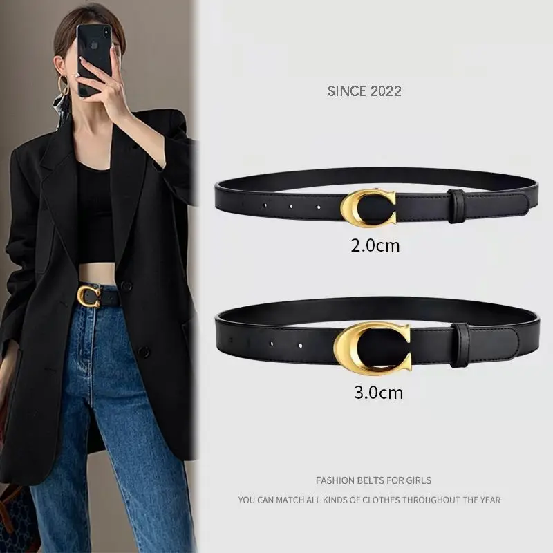 

Дизайнерский женский ремень 2026 года – ширина 3,0 см, черная натуральная кожа, золотая пряжка, легкий, роскошный, минималистичный стиль, высококачественный