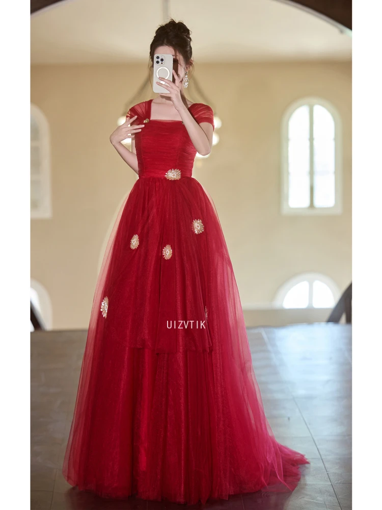 Elegant Red A Line Prom Wedding Dress Korea Photo Shoot Square Collar Floor Length Evening Party Gown Corset Back Customized