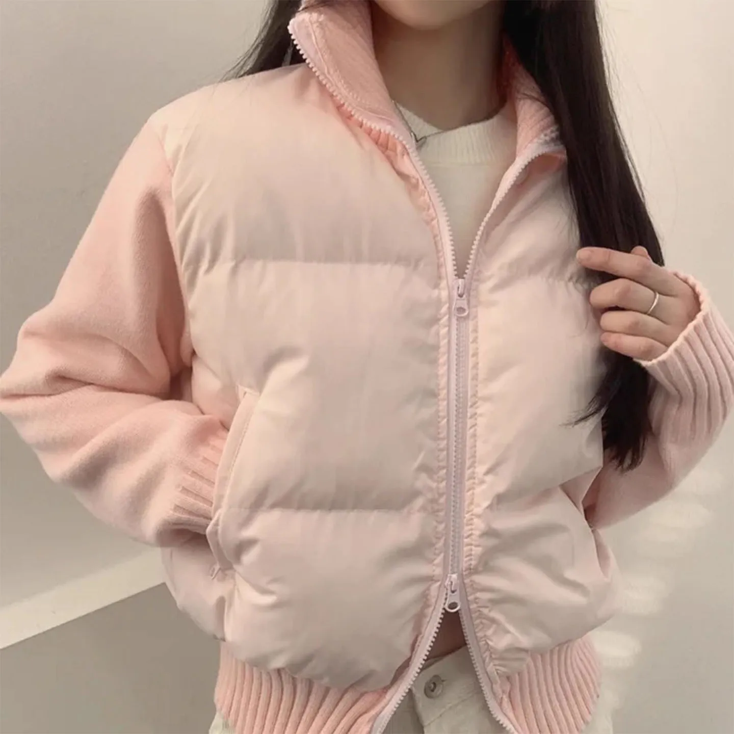 

Sweet Sle Knitted Long Sve Cotton Jaet Women's Autumn Winter Double Zipper Bread Sle Coat Comfortable Loose Fit Commute