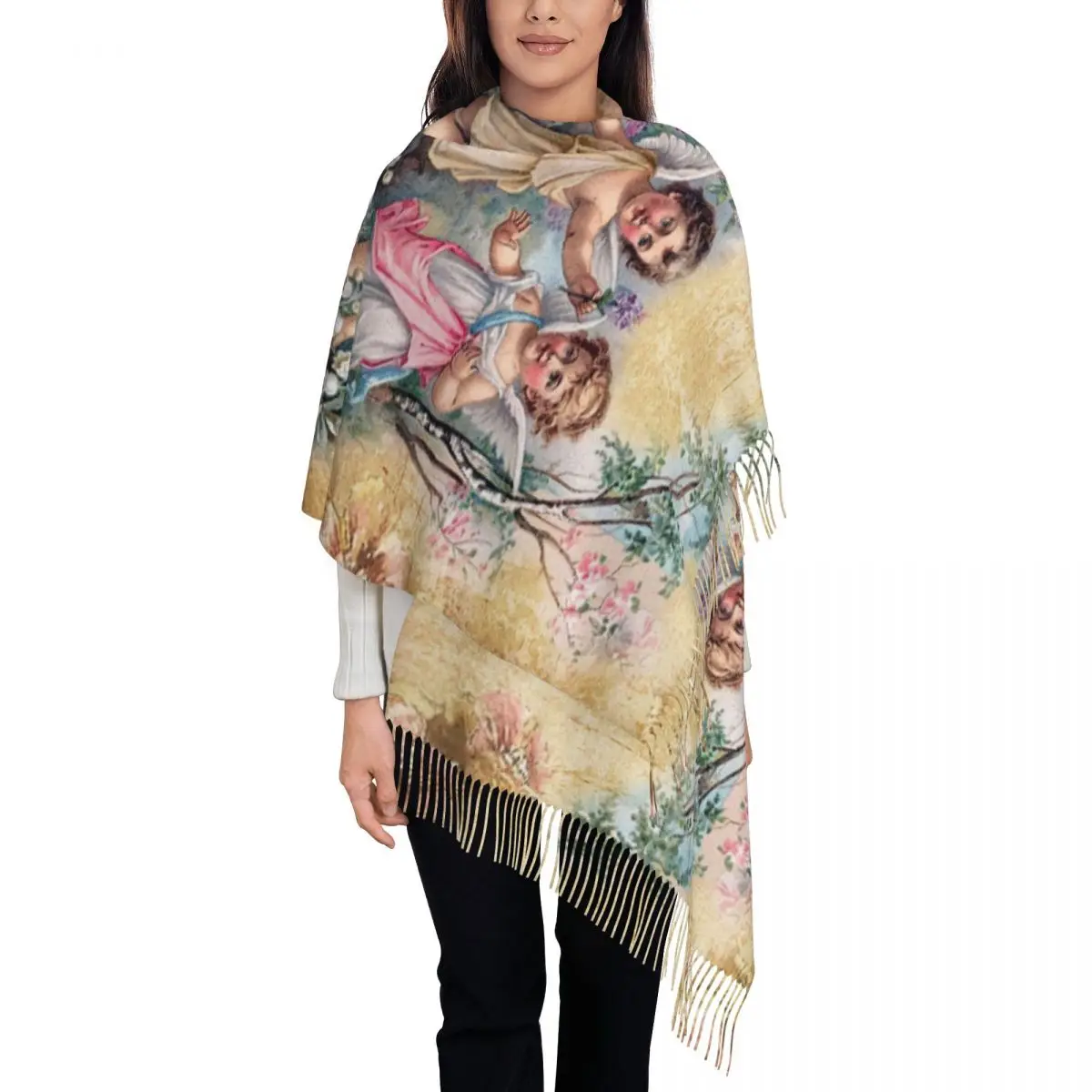 Female Large Victorian Angel Vintage Rose Scarves Women Winter Fall Soft Warm Tassel Shawl Wrap Scarf