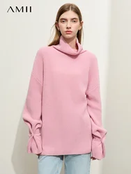 AMII Minimalist Sweaters For Women Winter New 2023 Turtleneck Flare Sleeve Wool Yak Metal Buckle Knitted Cozy Pullovers 12344196