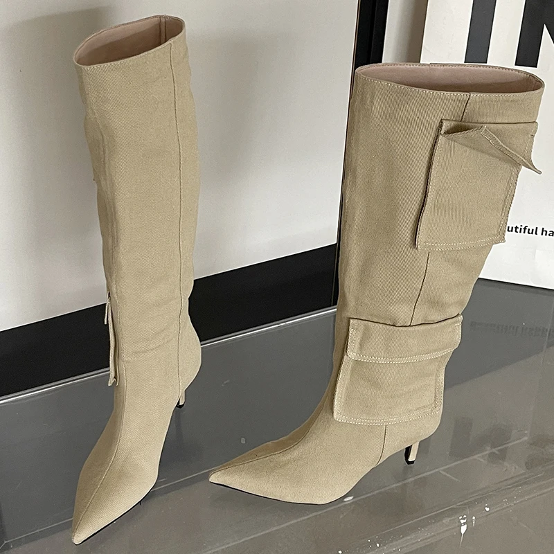 Stivali lunghi da donna con punta a punta alla moda novità In scarpe con tacco scarpe da donna Slip On stivali alti al ginocchio occidentali per le