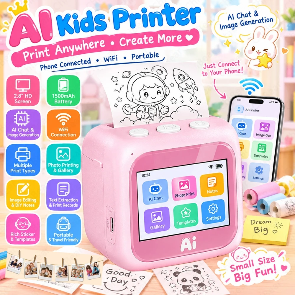AI Smart Printer 2.8‘’IPS Voice-Activated Photo Printing DIY Sticky Notes Painting Wi-Fi Portable Smart Printer Kids Boys Girls