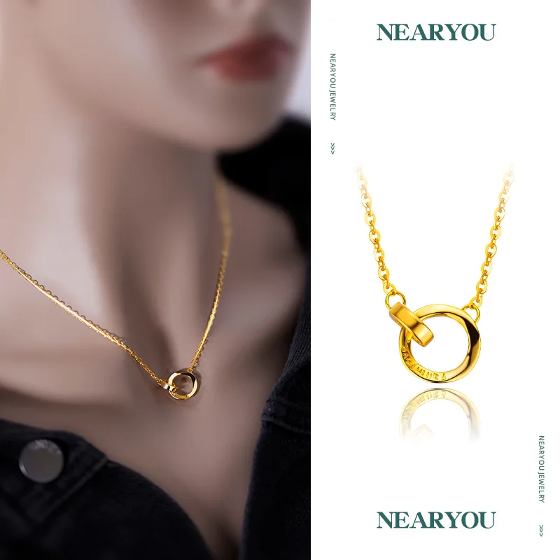 

9999 Real Gold 24K Niche Premium Sense Mobius Ring Necklace Fashion Golden Girl Gold Interlocking Clavicle Necklace