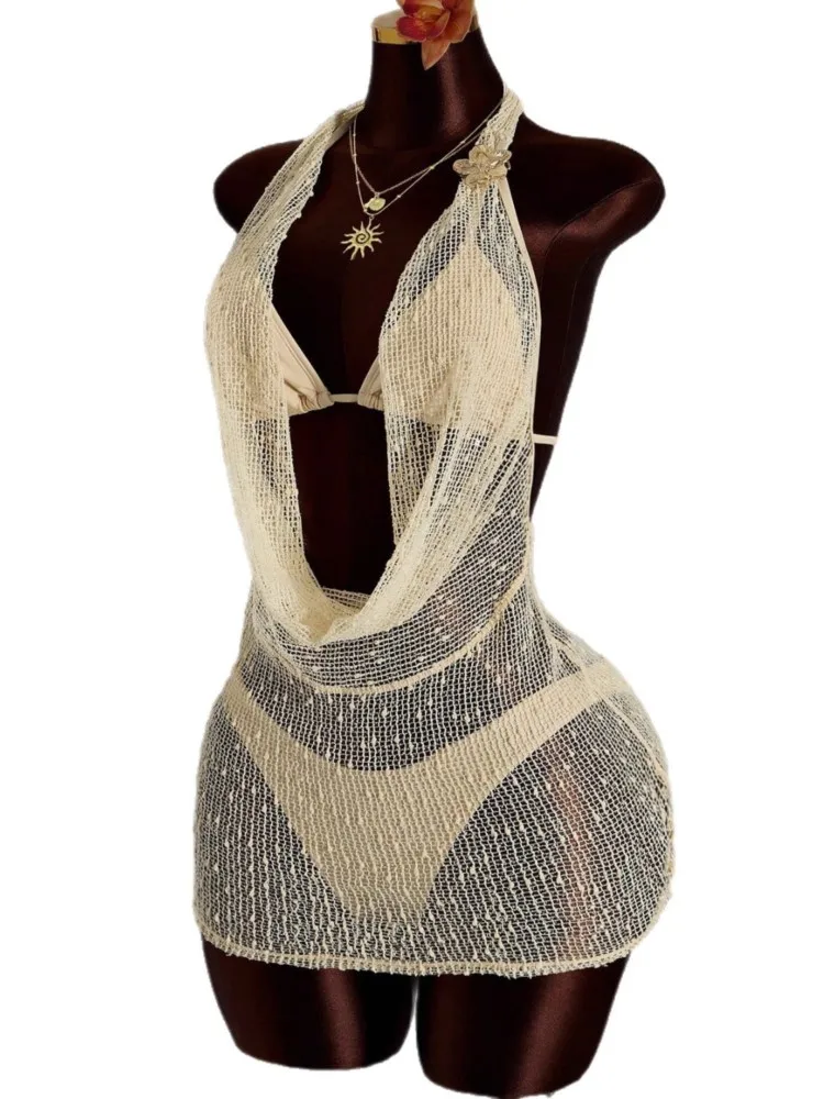 One Piece Sexy Women Mini Beach Dress Hollow-Out V-Neck Sleeveless Bikini Cover-Ups Dress Fall Backless Holiday Dress 2026