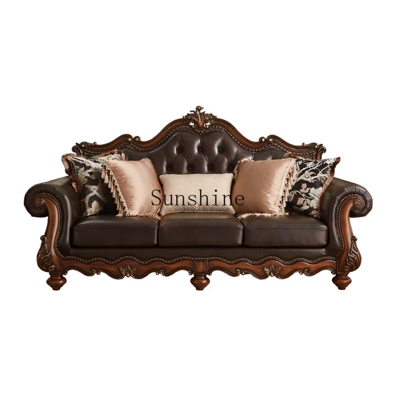 

American leather sofa large apartment villa retro living room European solid wood carving flower sofa