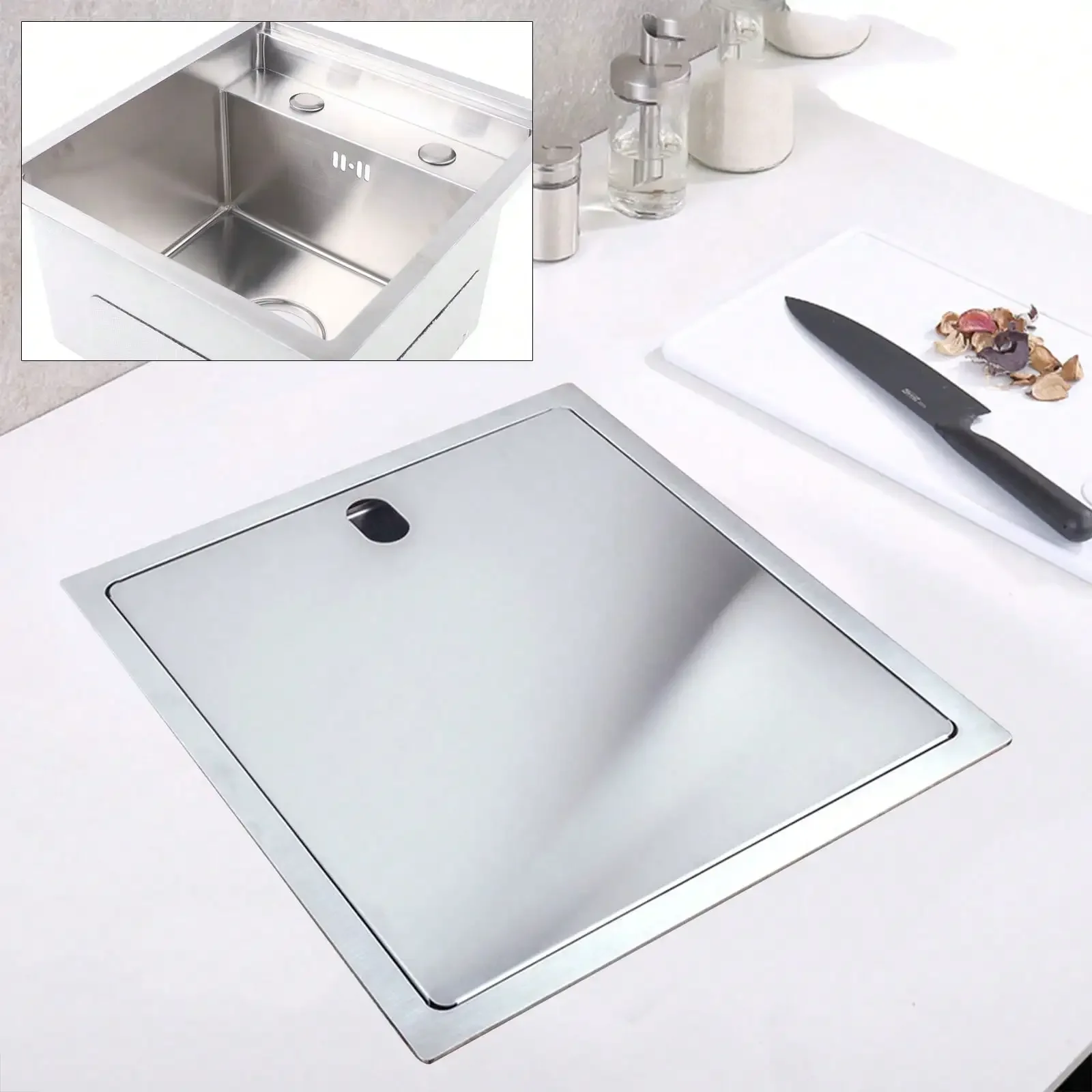 Hidden Kitchen Sink With Cover Kit, Stainless Steel Bar Drop-In Single Bowl Sink With Folable Faucet & Hose & Drains Sliver