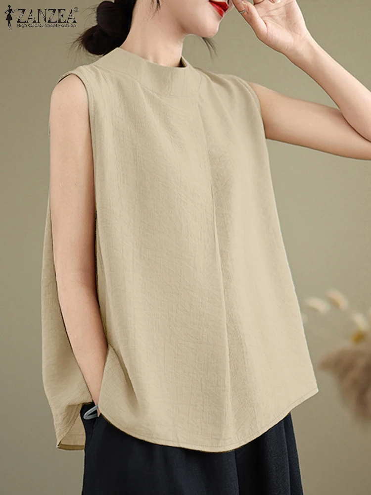 Fashion Women Tanks Tops ZANZEA Summer Sleeveless Solid Blouse Vintage Pleated Work Shirt Camis Female Casual Holiday Tees Mujer