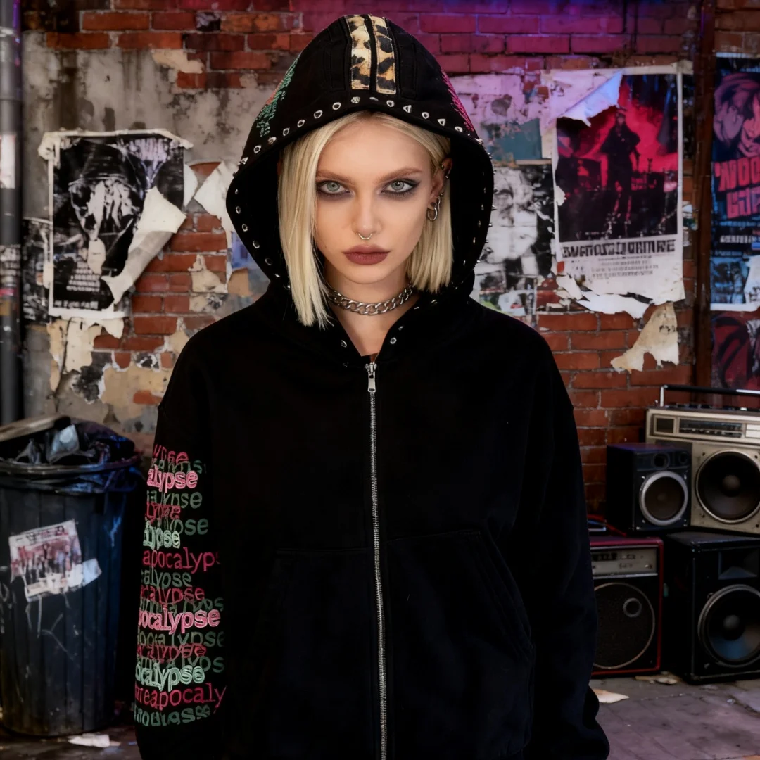 เสื้อฮู้ดลายเสือดาว Y2K แบบมีซิป สไตล์ลำลอง ทรงหลวม แฟชั่นสตรีทแวร์ เสื้อสเวตเชิ้ตพิมพ์ลายตัวอักษรสุดเทรนดี้