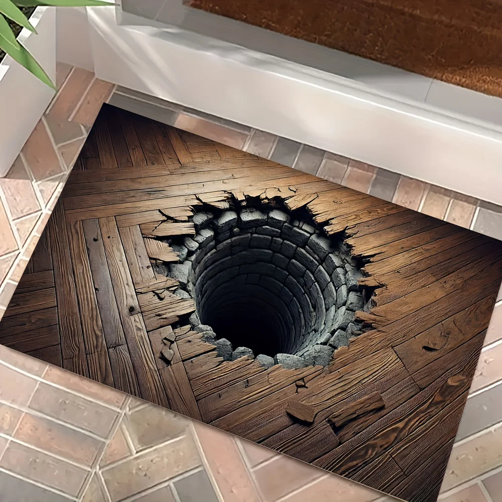 3D Hole-shaped Ancient Well Theme Flannel-printed floor mats has a non-slip function is suitable for entrances bathroom carpets