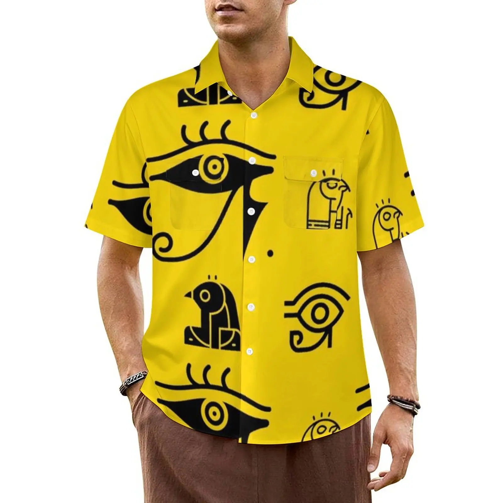 

Гавайская рубашка для отпуска, блузки с абстрактным символом, винтажные повседневные рубашки с золотым принтом глаз, мужская уличная одежда с короткими рукавами больших размеров