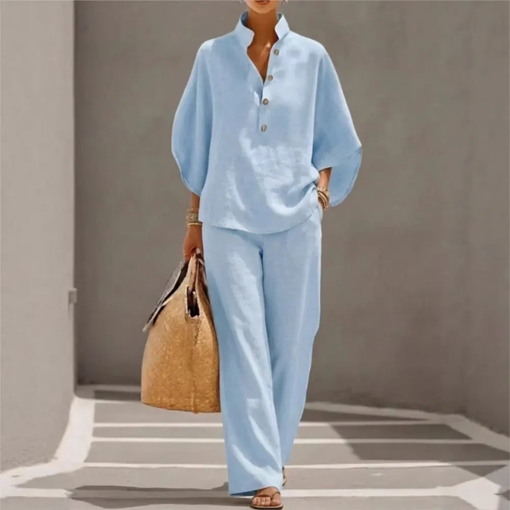 Fashion Cotton Linen Button Stand Collar 9 Quarter Sleeves Loose Women's 2-piece Suit Spring Casual Wide Leg Pants Suit Female image 3
