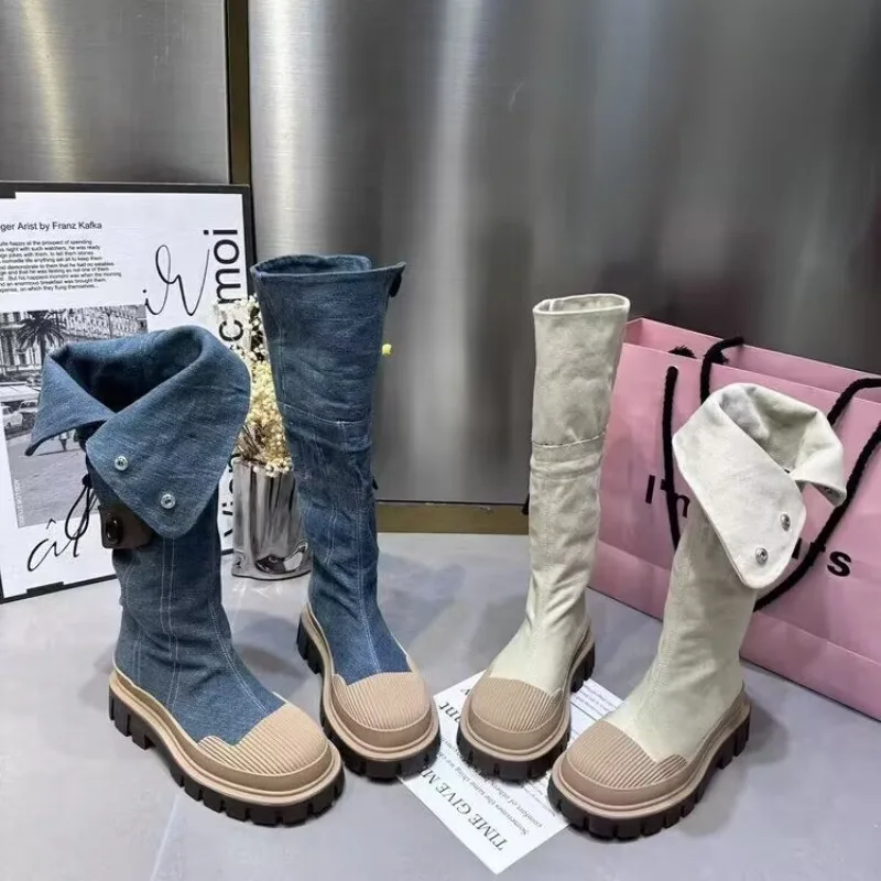 

Women's Knee Cowboy Platform Boots Thick-soled Tooling Boots Fashion Womens Denim Fashion Mid Calf Knight Botas Botas Para Mujer