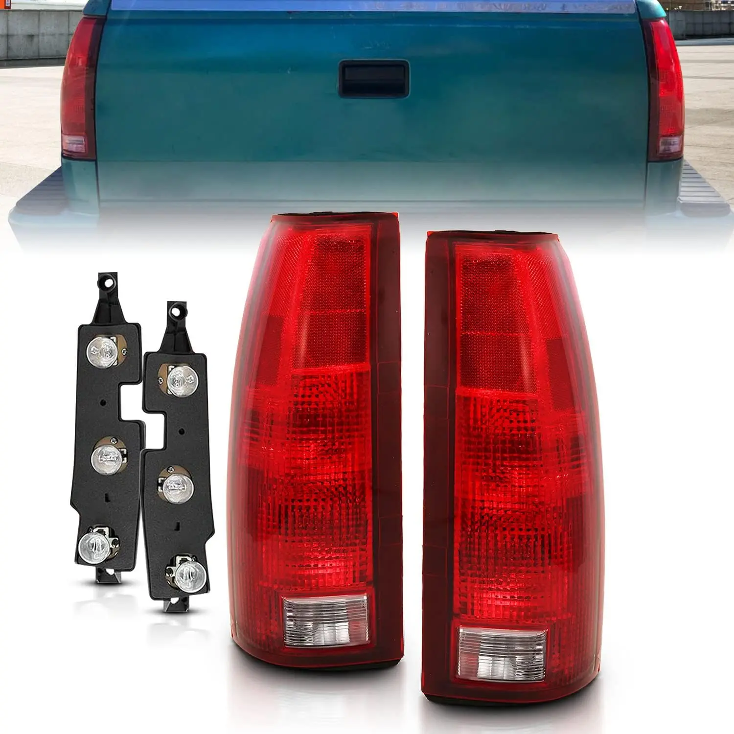 

Replacement Red Halogen Tail Lights for 1988-2000 Chevy GMC C/K Silverado Sierra Tahoe Suburban - Pair + Bulb Connector Plate