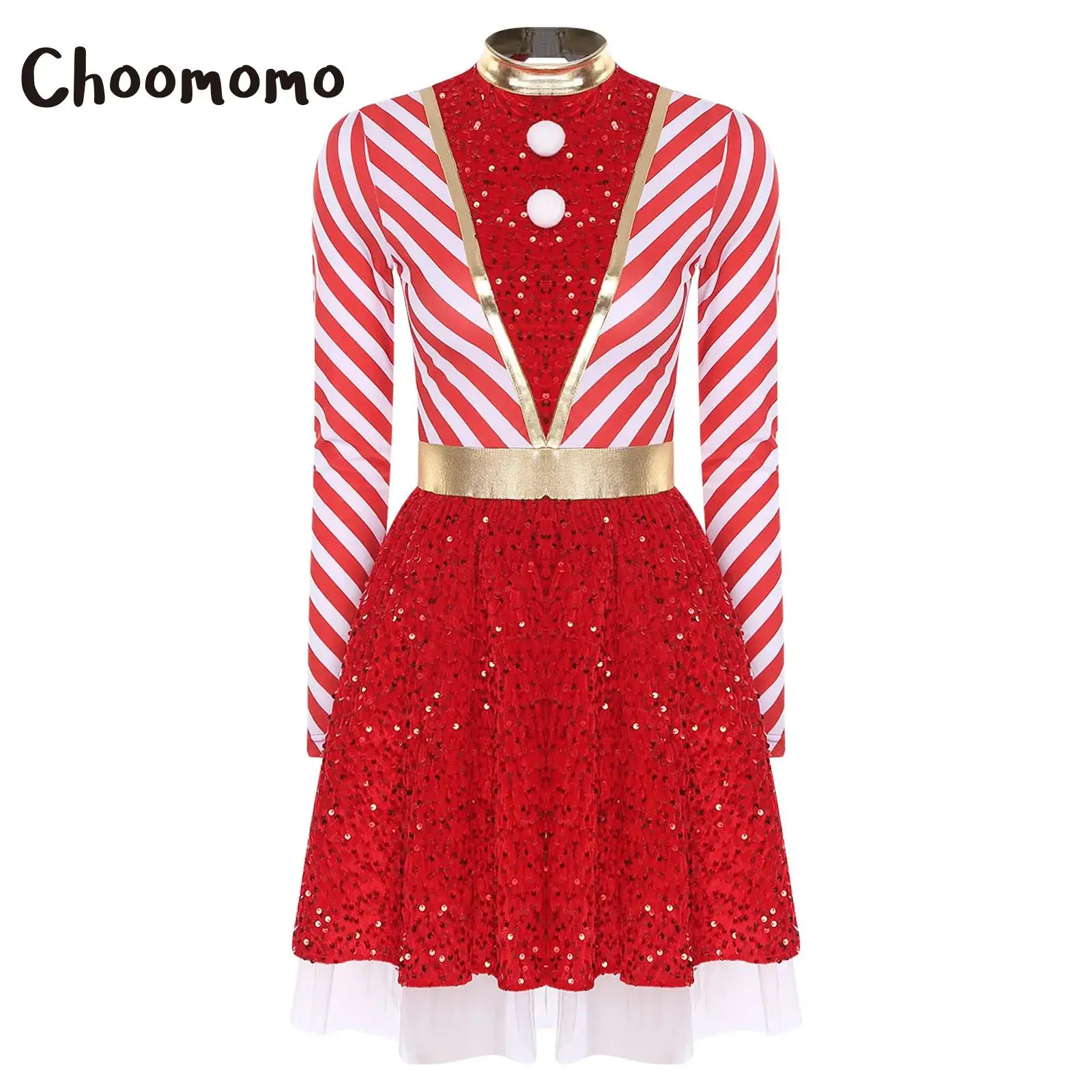 

Womens Christmas Dress Long Sleeve Striped Mesh Santa Clause Tutu Dress with Mock Neck and Keyhole Back for Xmas Holiday Party