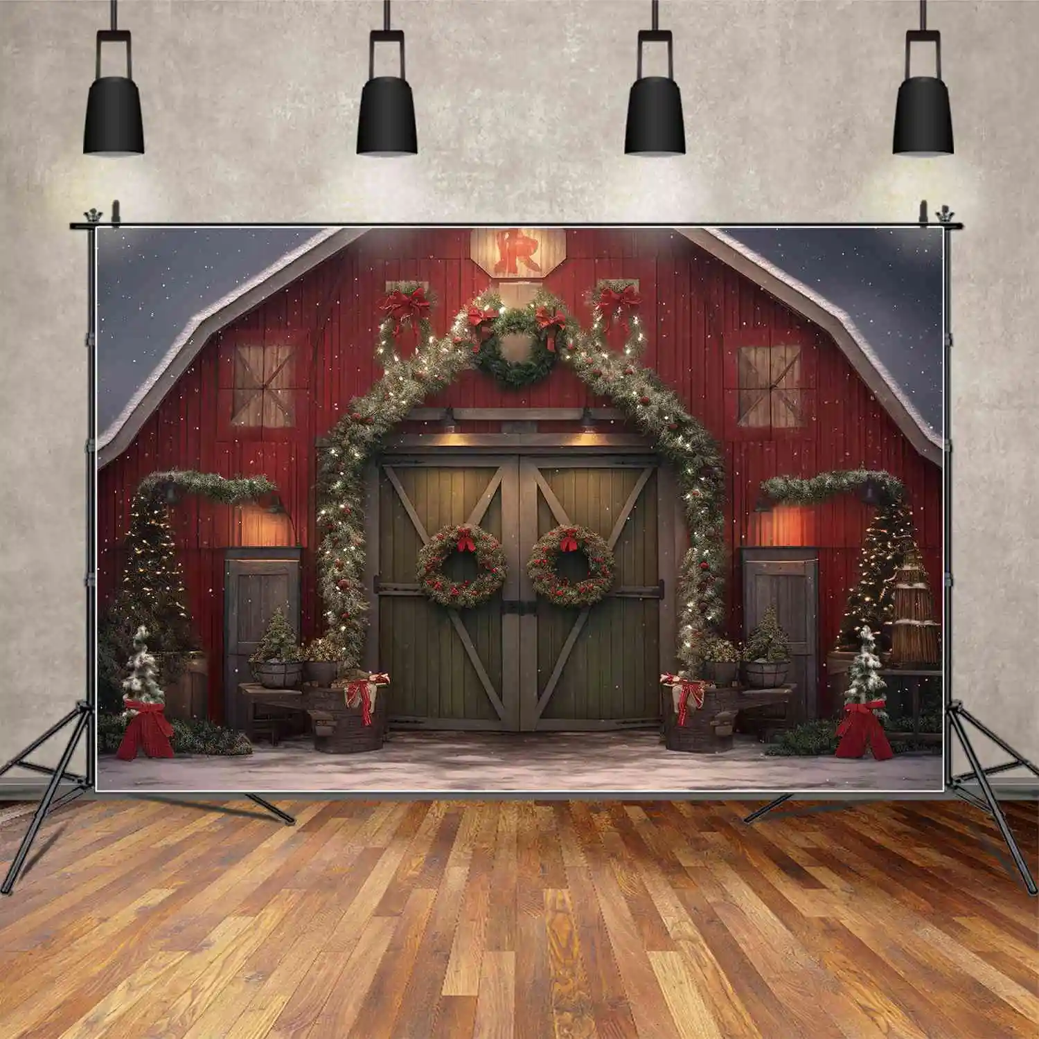 MOON.QG sfondo natale rosso legno casa portico ghirlanda porta cancello festa parete sfondo plancia luci stringa Bowknot Photo Booth