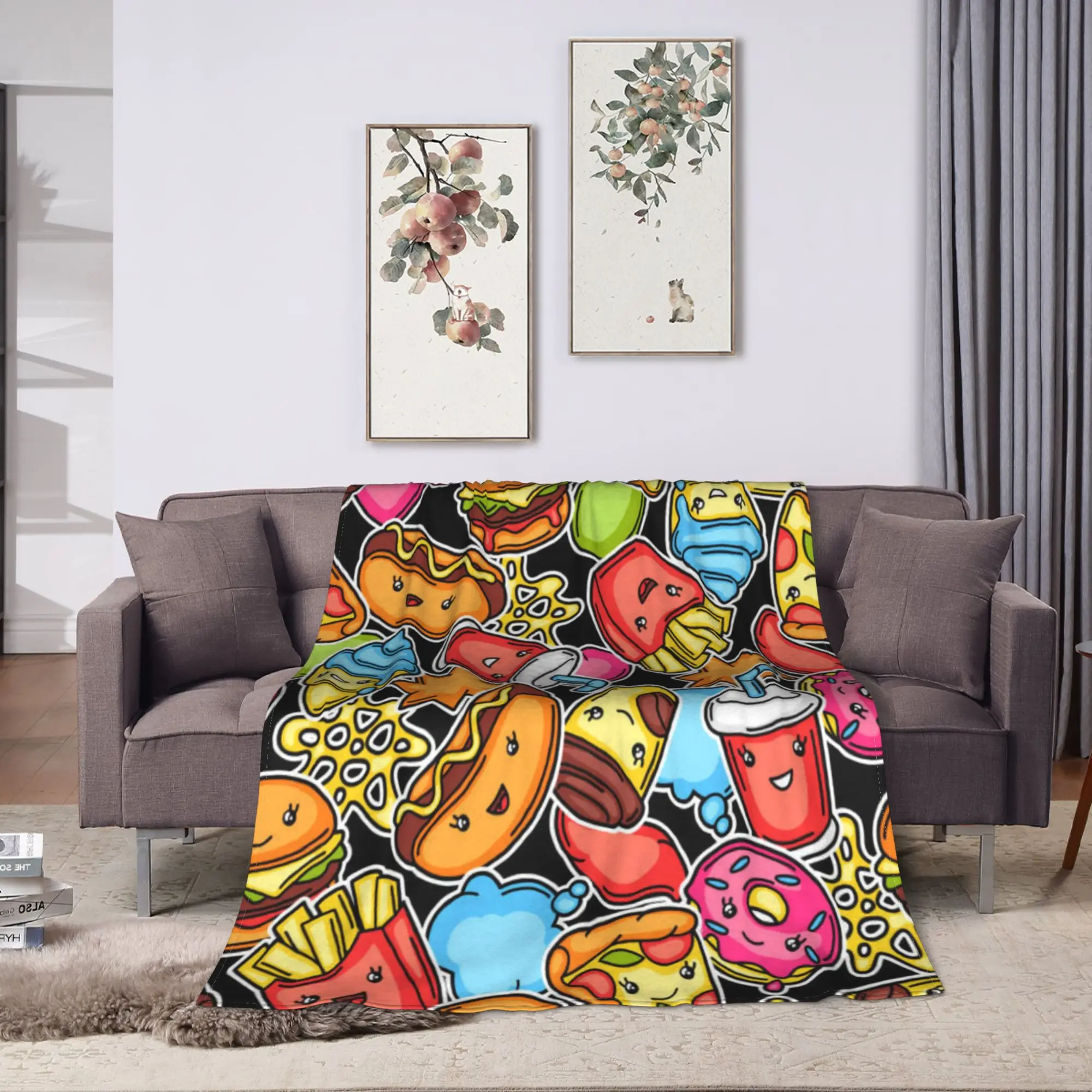 cute kawaii fast food meal Blanket Quality Soft Warm  Throw Blanket Winter Students Couch Bed Pattern Bedspread