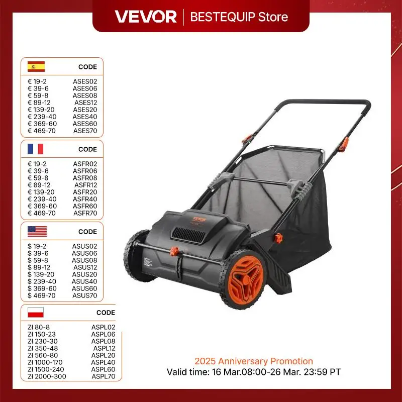 VEVOR Push Lawn Sweeper 3.5cu.ft 21in Leaf Grass Collector Steel Durable  Capacity Mesh Collection Hopper Bag 2 Spinning Brushes