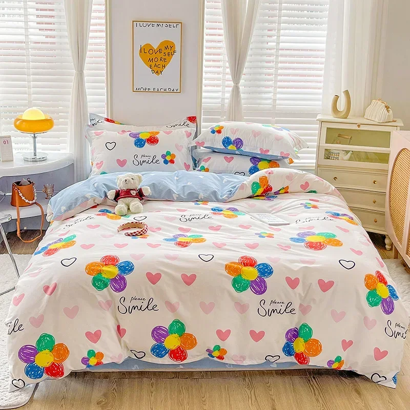 Colorful Flower Duvet Cover Full Cotton Kawaii Graffiti Botanical Comforter Cover 3 Piece Soft Reversible Love Heart Bedding Set