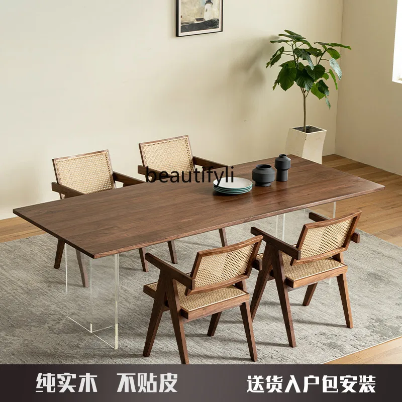 Acrylic Suspended Dining Table Solid Wood Black Walnut Wooden Desk Tea Table Large Board Table Workbench