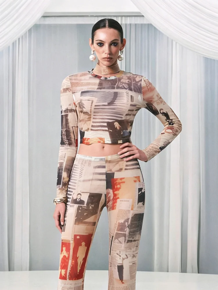 

Whatiwear Classic Colorful Print 2-Piece Set Women o-Neck Full Sleeve Crop Top+Elastic Waist Simple Pant See Through Sexy Suit